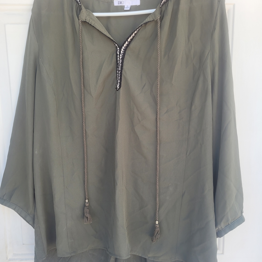 DR2 Olive Green Stretchy Top flowing Blouse with Tassel Accents